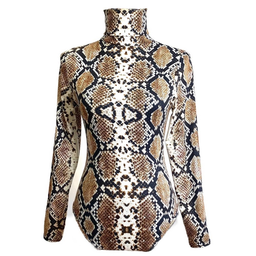 Pretty Little Thing Snake Print Brown and White Turtleneck Bodysuit